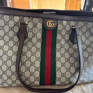 Gucci Beige GG Supreme Tote with Green and Red Web Stripe